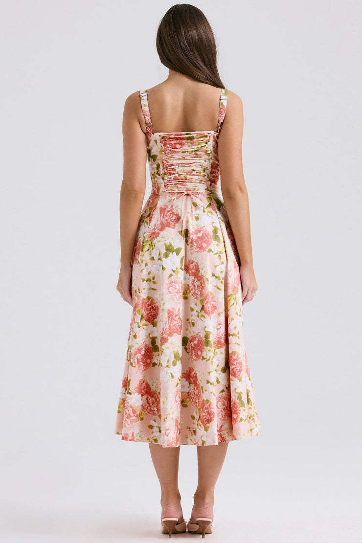 Carmen Pink Peony Print Cotton Bustier Sundress Midi Dress - Pink