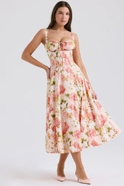 Carmen Pink Peony Print Cotton Bustier Sundress Midi Dress - Pink