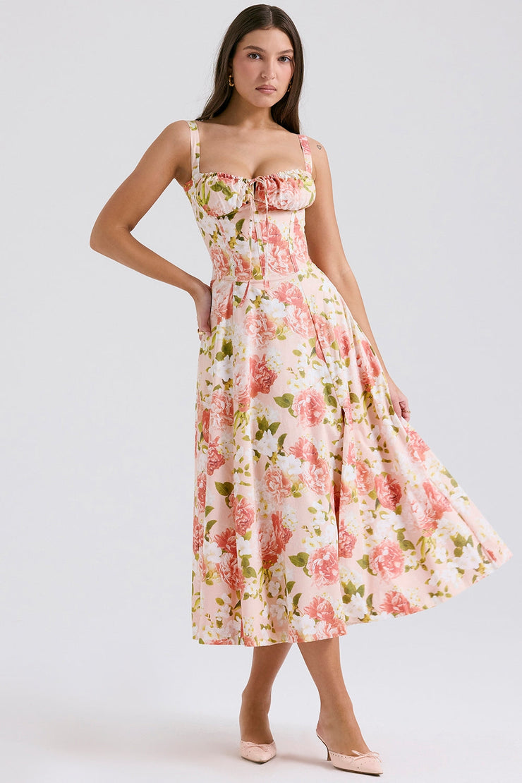 Carmen Pink Peony Print Cotton Bustier Sundress Midi Dress - Pink