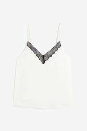 Cameo White With Black Lace Trim Camit Top - Wihte