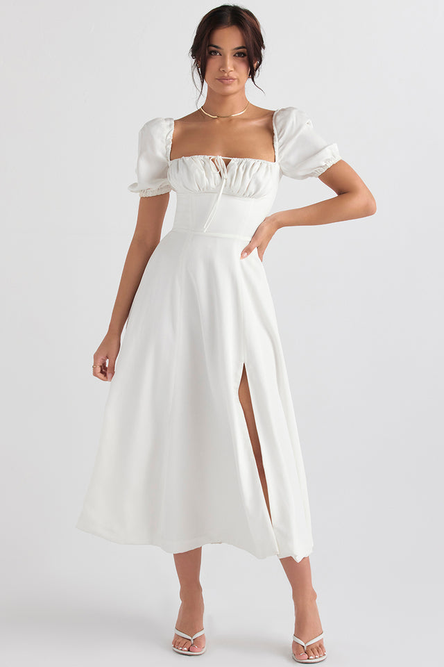 Tallulah White Puff Sleeve Midi Dress - White