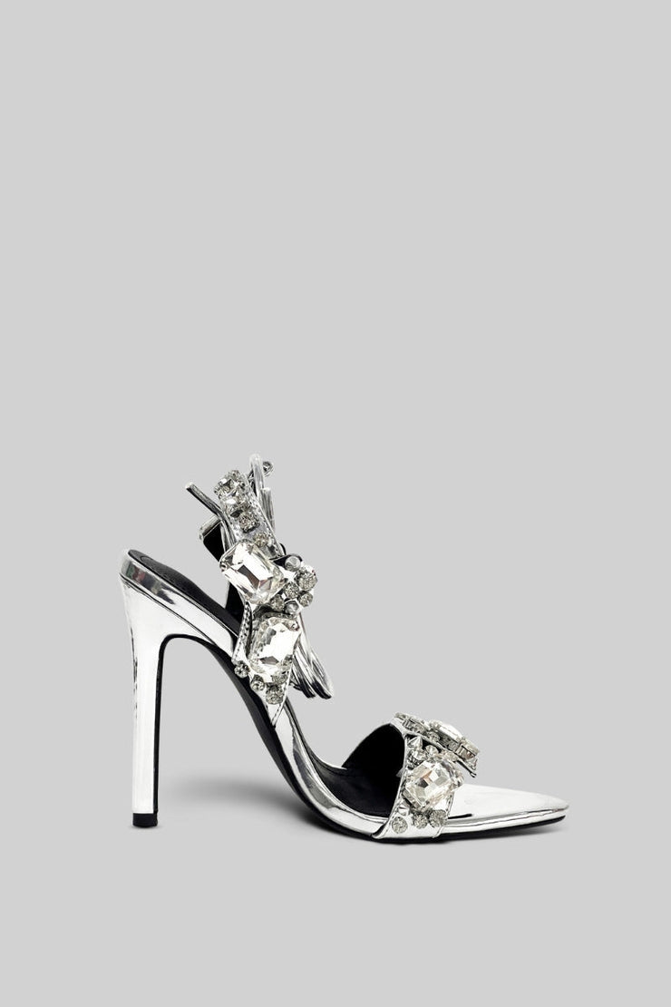 Valira Rhinestone Metallic Crystal Ankle-Tie High Heels Sandals - Silver