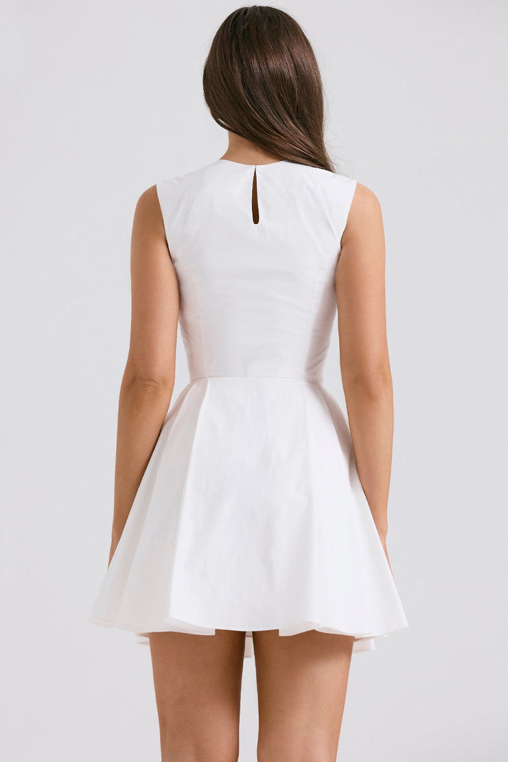 Claretta White Pleated Cotton Mini Dress - White