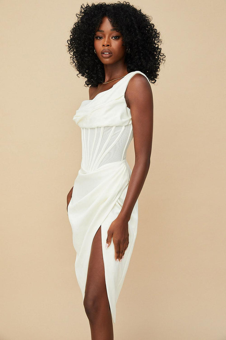 LULU Asymmetric Drape Midi Corset Dress - White - MALVI PARIS