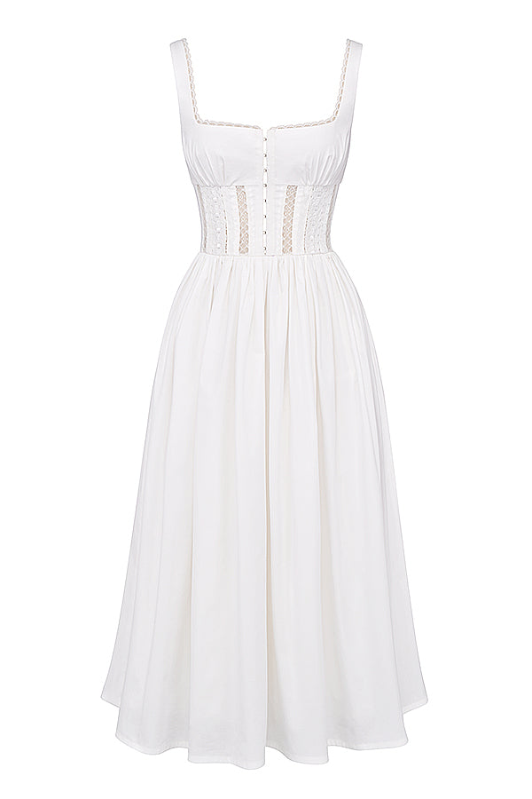 Perle White Lace Trim Midi Dress - White Dresses