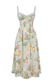 Sabrina Light Jade Print Bustier Sundress Midi Dress - Green