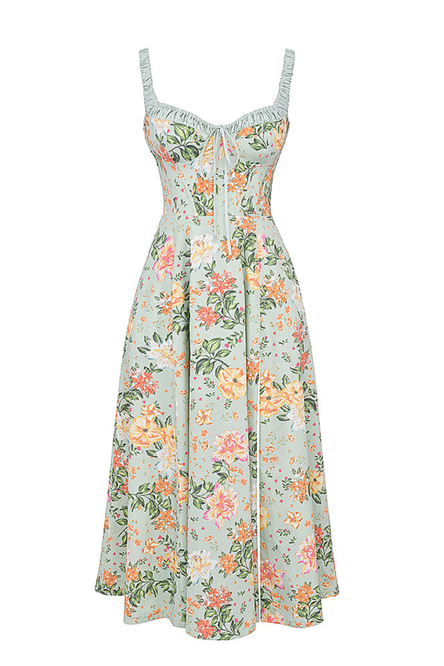 Sabrina Light Jade Print Bustier Sundress Midi Dress - Green