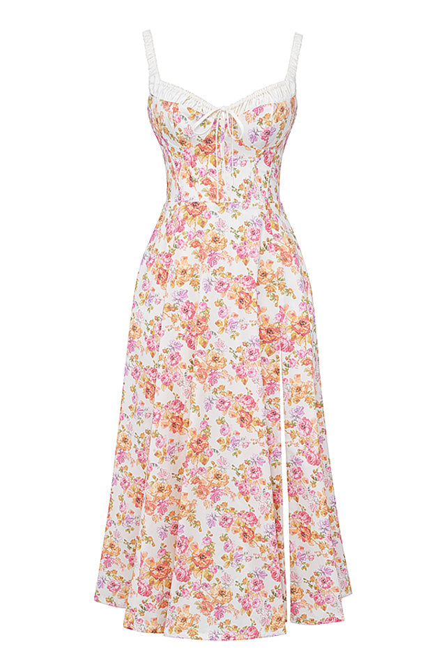 Sabrina Ivory Print Bustier Sundress Midi Dress - Pink