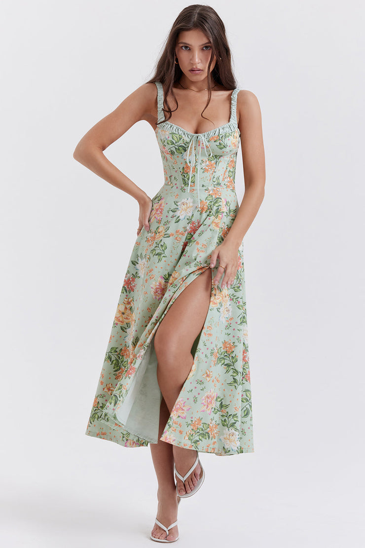 Sabrina Light Jade Print Bustier Sundress Midi Dress - Green