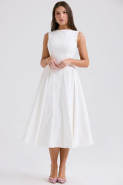 Cindy White Twill Midi Dress Sundress - White