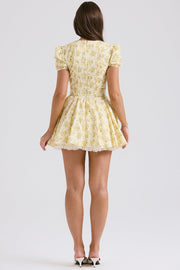 Imani Buttercup Vintage Floral Print Pleated Cotton Mini Dress - Yellow