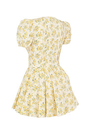 Imani Buttercup Vintage Floral Print Pleated Cotton Mini Dress - Yellow