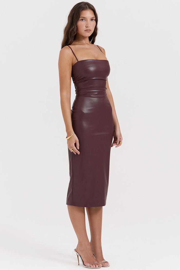 Jalena Mulberry Vegan Leather Lace Midi Dress - Dark Brown