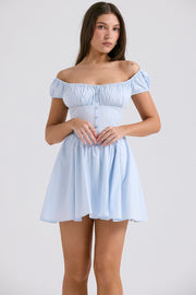 Nala Soft Blue Cotton Gathered Mini Dress - Blue