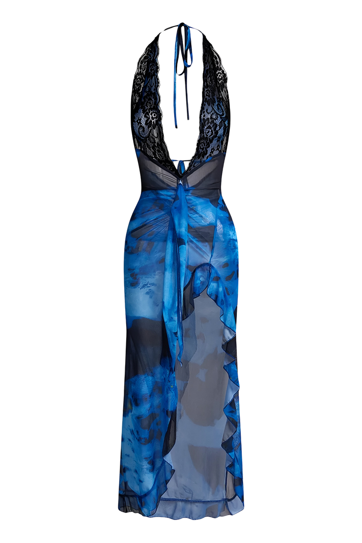 Siren Blue Ruffled Plunge Neck Asymmetrical Dress -