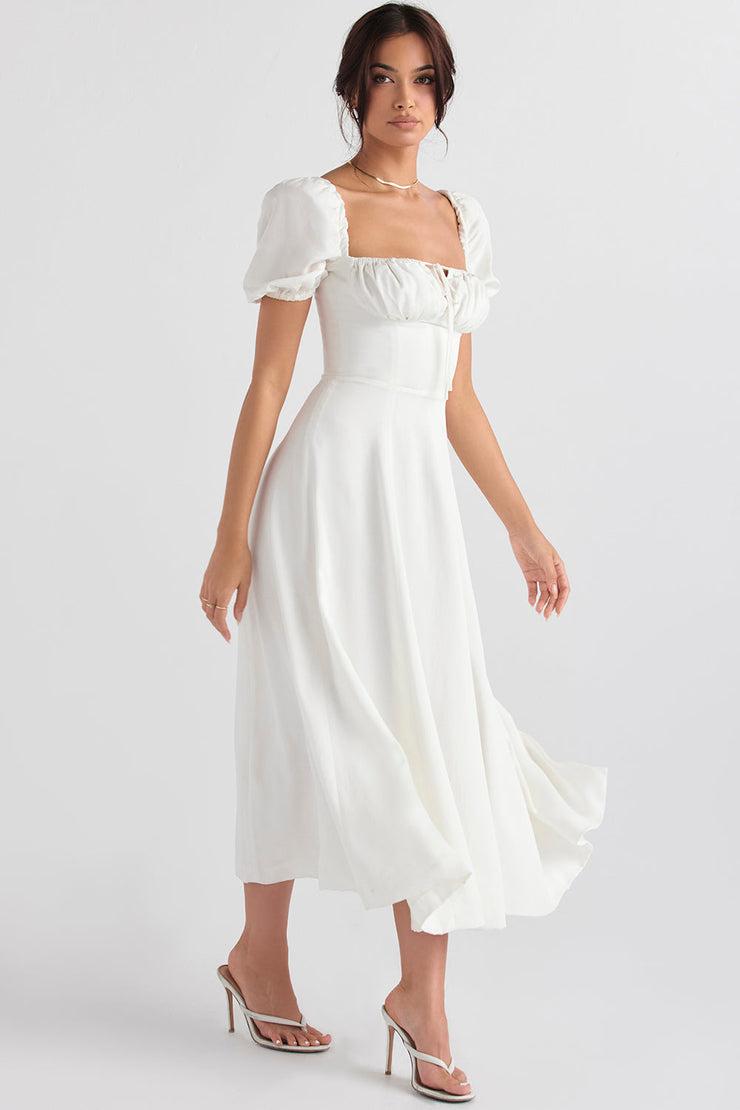 Tallulah White Puff Sleeve Midi Dress - White