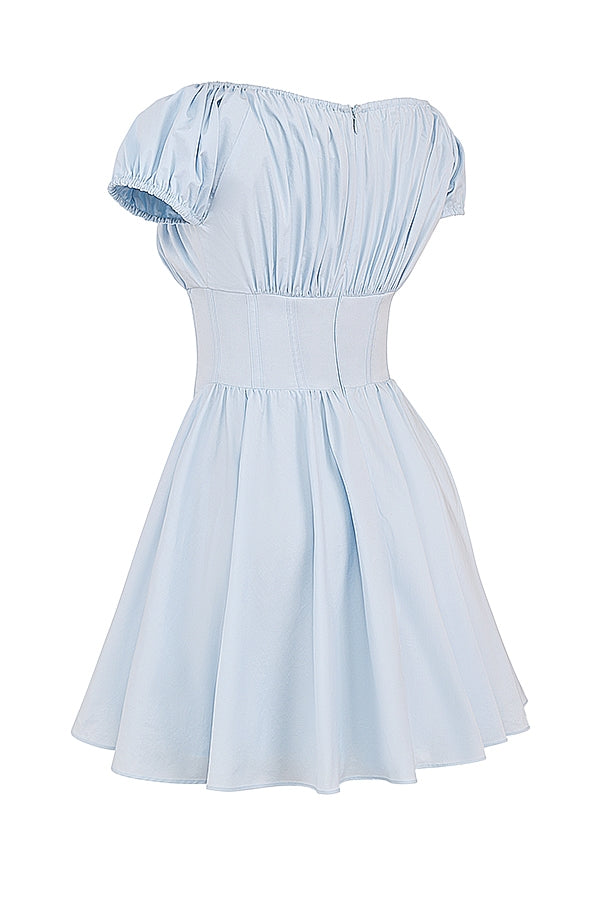 Nala Soft Blue Cotton Gathered Mini Dress - Blue