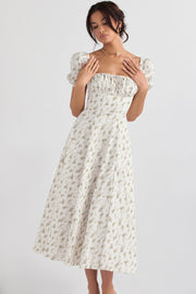 Tallulah Garden Print Puff Sleeve Midi Sundress. - White