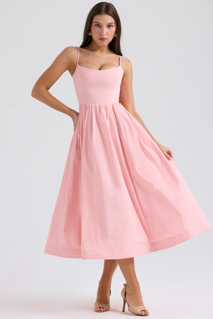 Lolita Rose Pink Cotton Corset Sundress Midi Dress - Pink