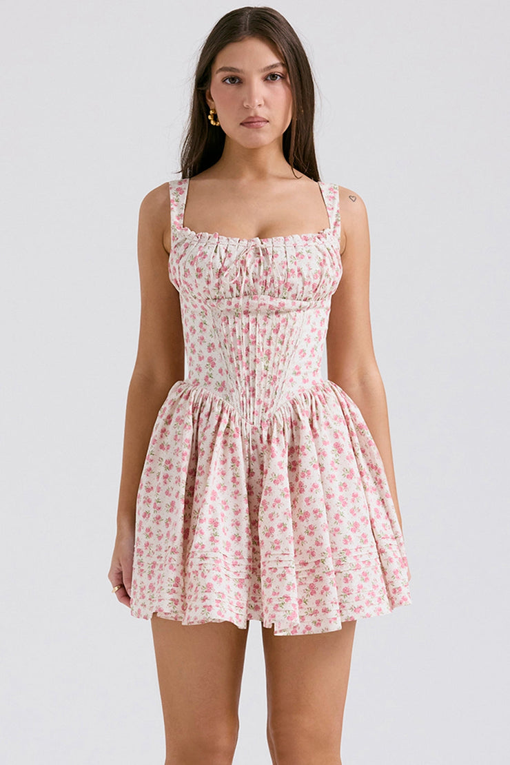 Natassia White Rosebud Print Cotton Mini Dress - White