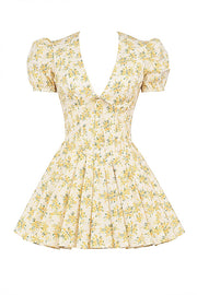 Imani Buttercup Vintage Floral Print Pleated Cotton Mini Dress - Yellow