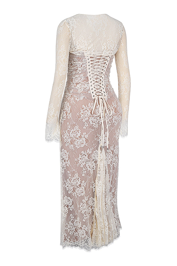 Artemis Vintage Cream Lace Maxi Dress - White / Beige