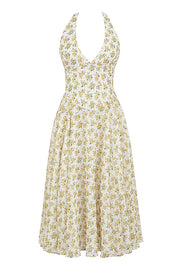 Solada Ivory Vintage Floral Print Georgette Halter Sundress Midi Dress - White