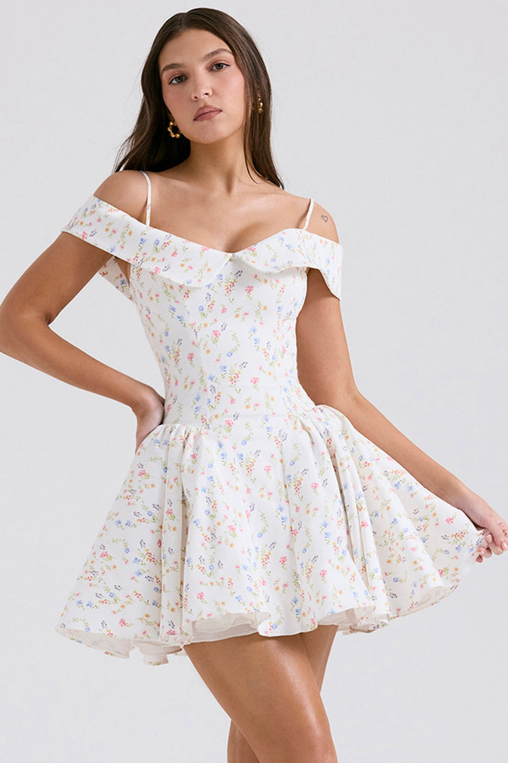 Elida White Posy Print Corset Mini Dress - White