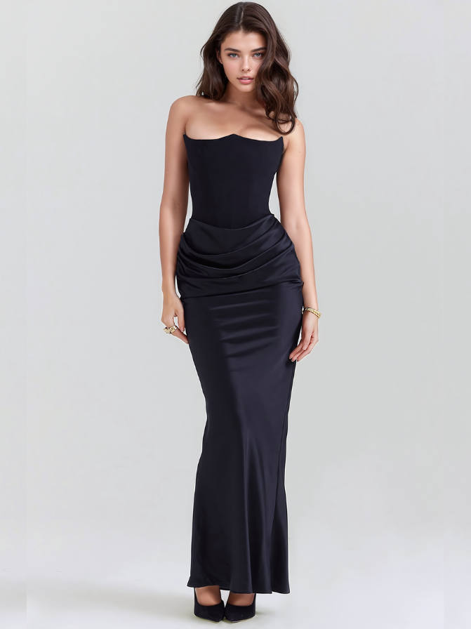 Persephone Black Strapless Corset Maxi Dress - Black Dresses