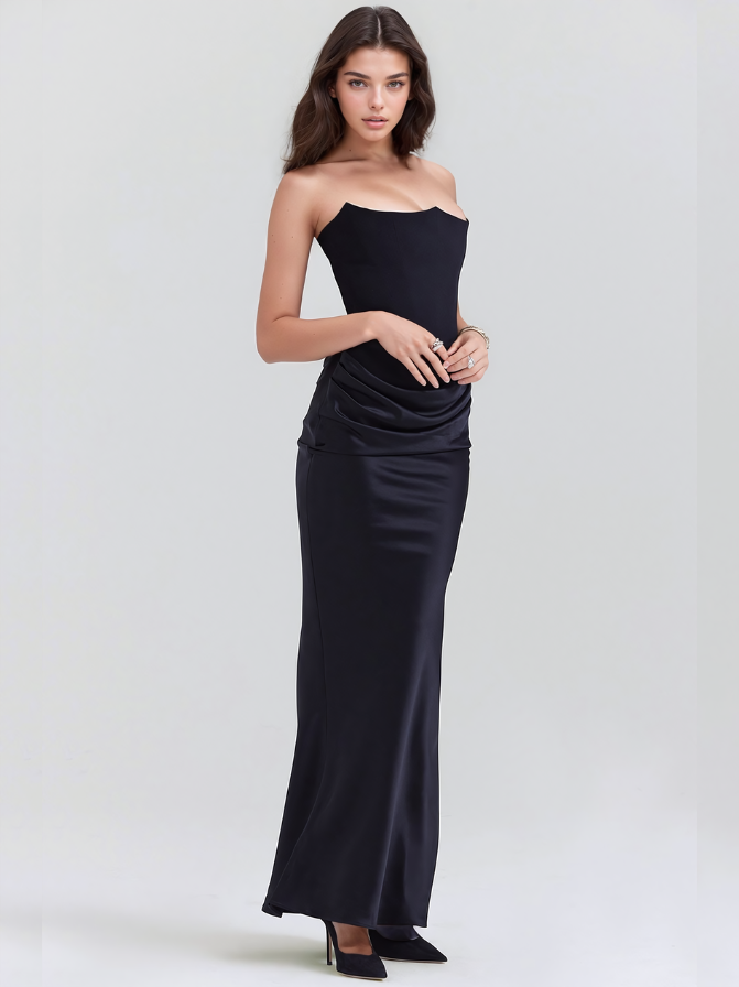 Persephone Black Strapless Corset Maxi Dress - Black Dresses