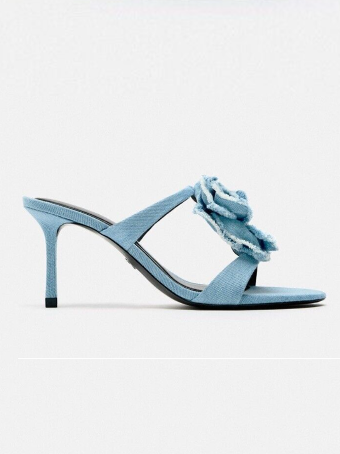 Floral High Heeled Denim Sandals - Blue High Heels