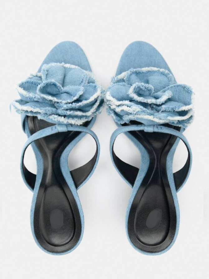 Floral High Heeled Denim Sandals - Blue High Heels