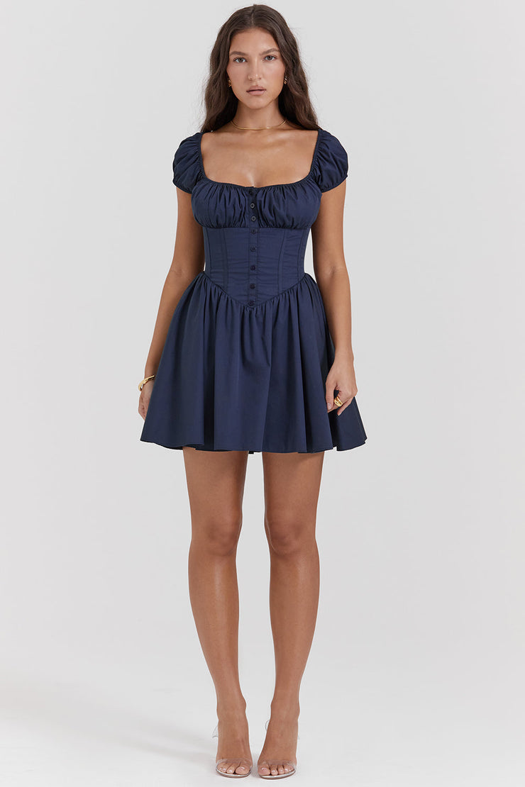 Nala French Navy Gathered Mini Dress - Dark Blue