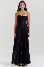 Seren Black Floral Lace Back Maxi Dress - Black