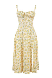 Carmen Buttercup Vintage Floral Print Cotton Bustier Sundress Midi Dress - Yellow