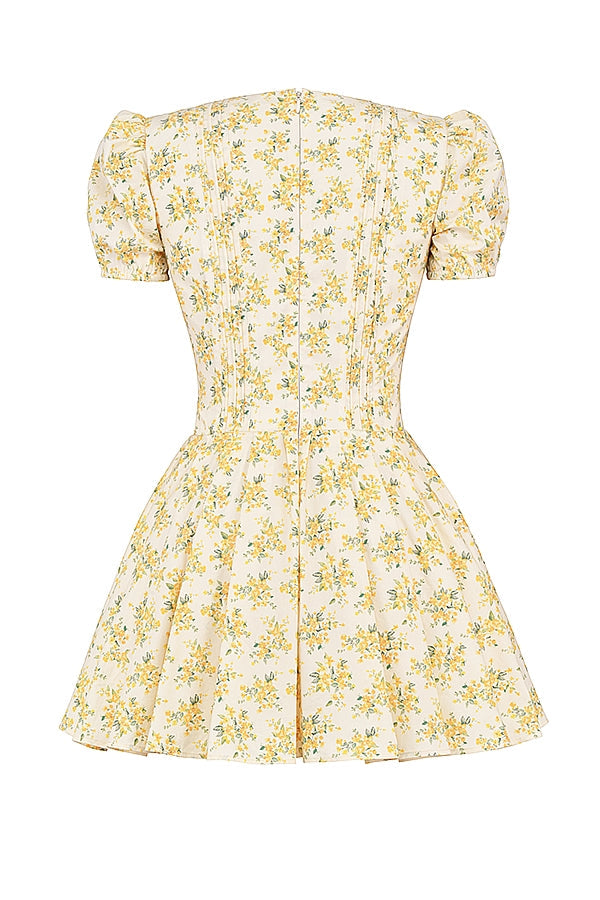 Imani Buttercup Vintage Floral Print Pleated Cotton Mini Dress - Yellow