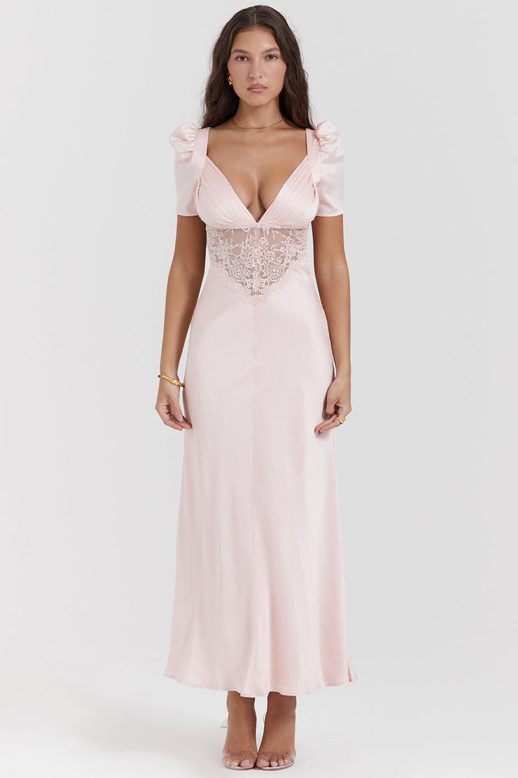 Rafaela Soft Peach Pure Silk & Lace Dress Maxi - Pink