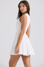 Claretta White Pleated Cotton Mini Dress - White