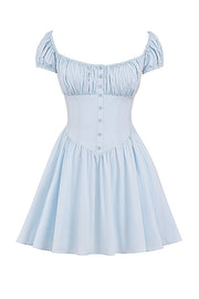 Nala Soft Blue Cotton Gathered Mini Dress - Blue