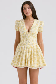 Imani Buttercup Vintage Floral Print Pleated Cotton Mini Dress - Yellow