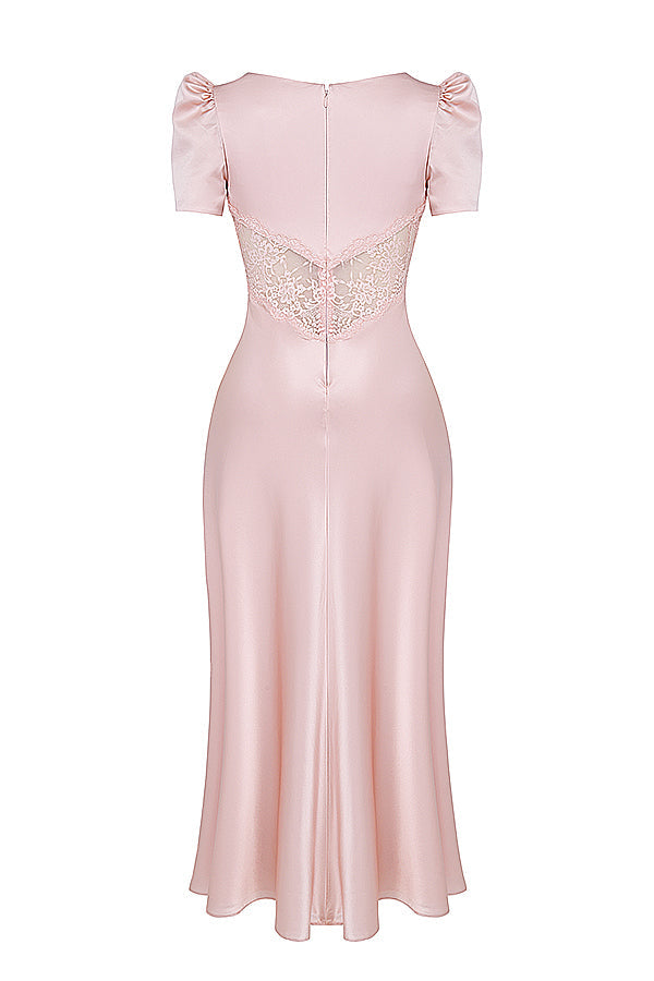 Rafaela Soft Peach Pure Silk & Lace Dress Maxi - Pink