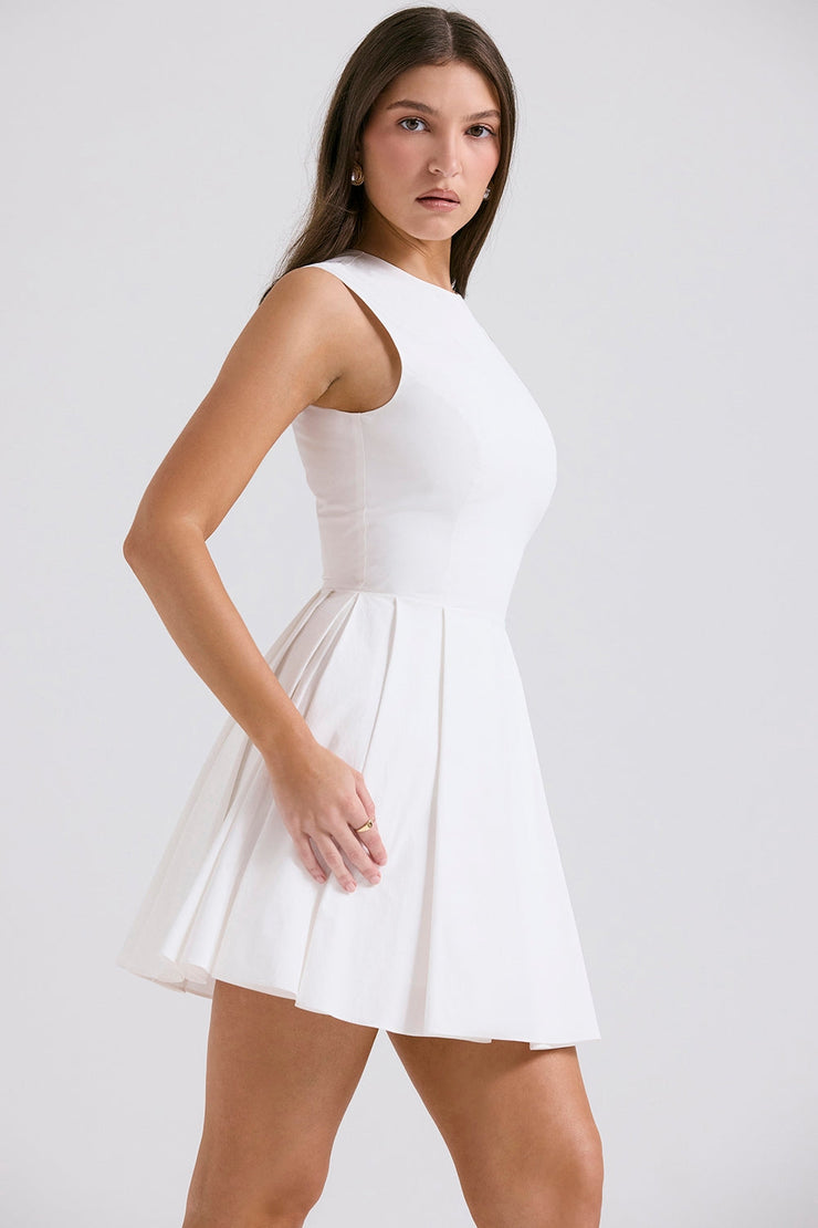 Claretta White Pleated Cotton Mini Dress - White