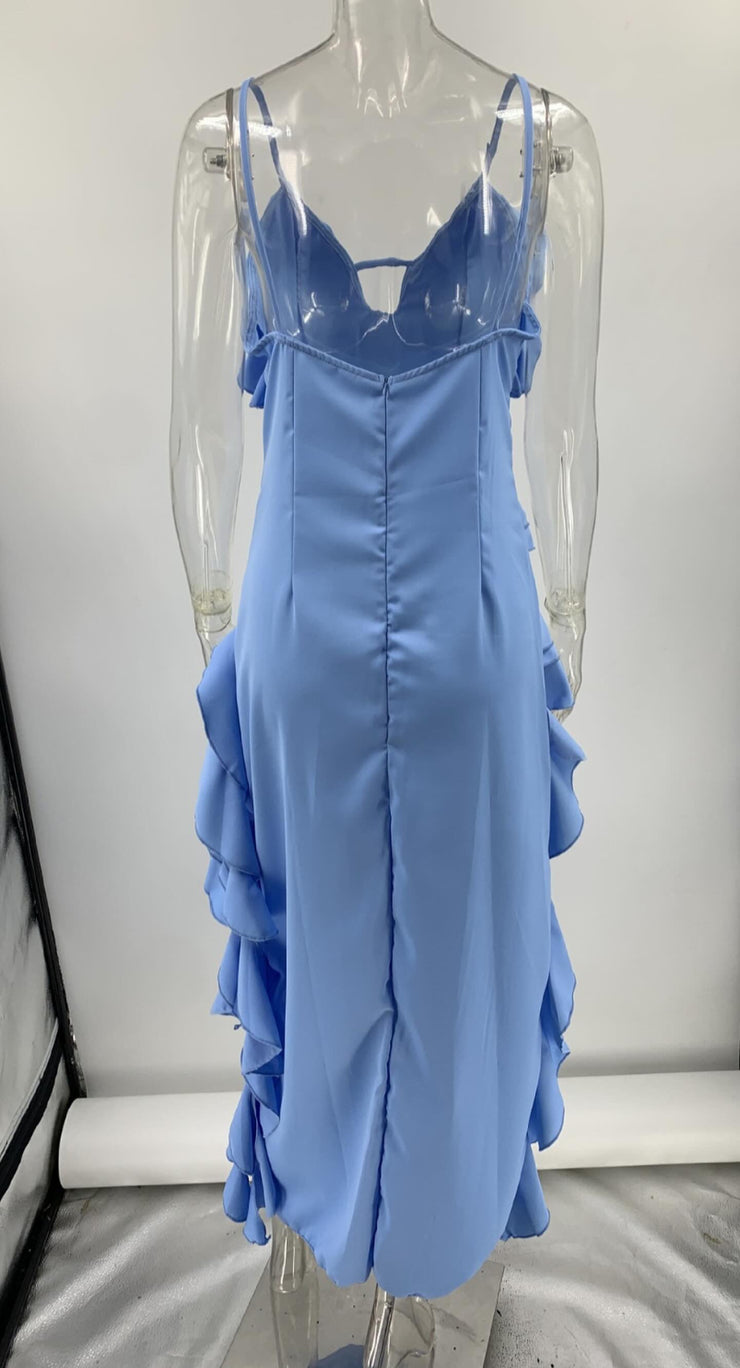 Santorini Rayon Ruffle Cut Out Asymmetric Cocktail Maxi Dress - Blue Dresses