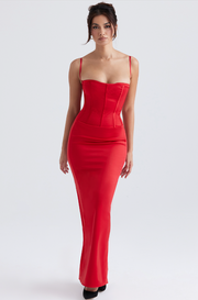 Shani Red Satin Corset Maxi Dress - Red Party Dress