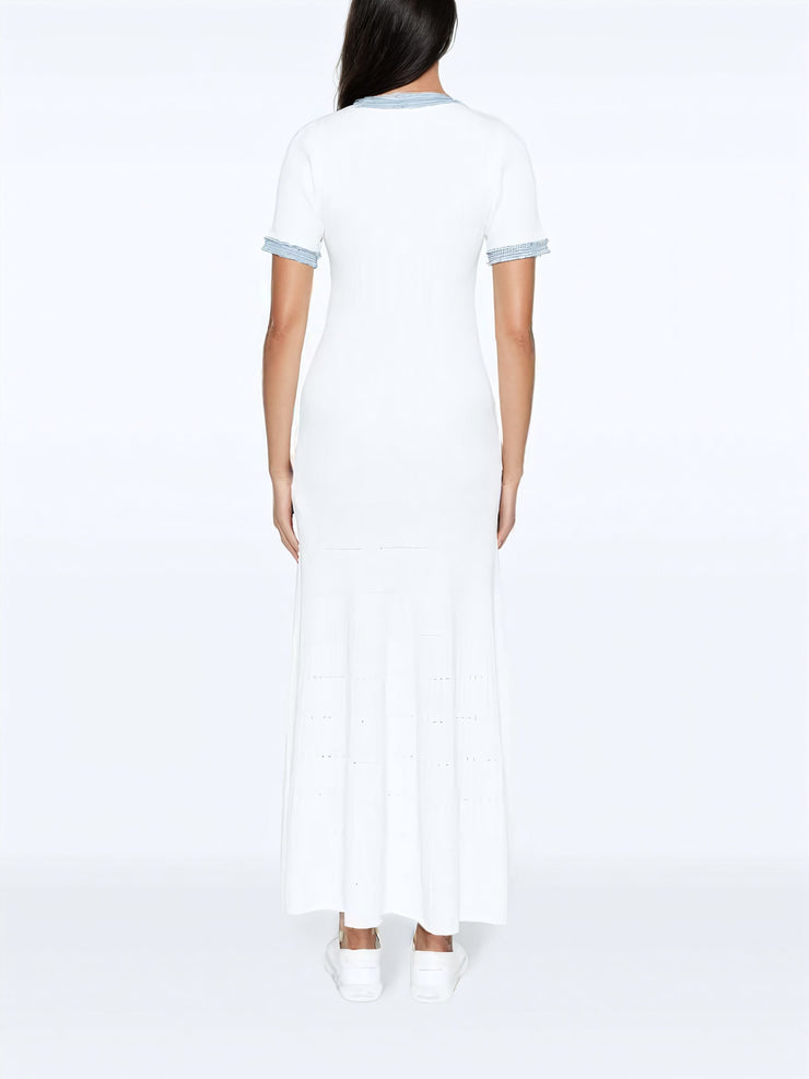 Denim-Trim Knitted Maxi Dress - White Dresses