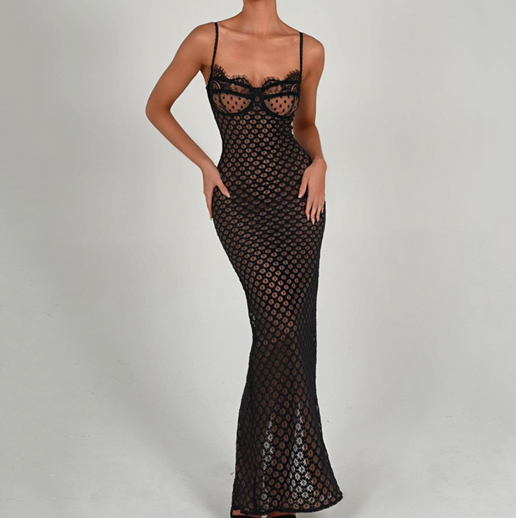 Freya Lace Mesh Maxi Dress - Black Party Dress