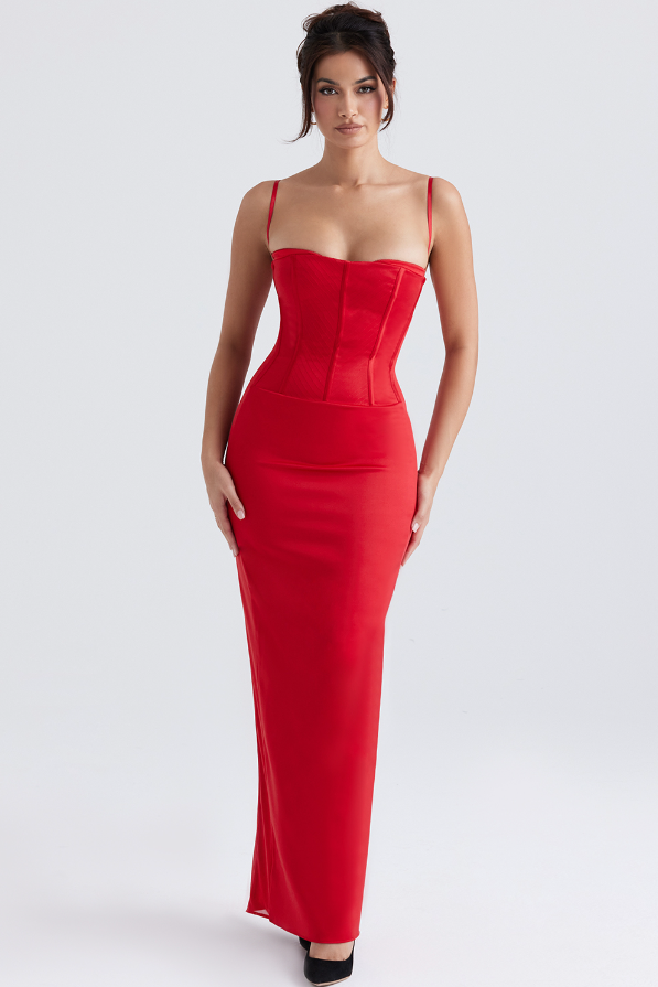 Shani Red Satin Corset Maxi Dress - Red Party Dress