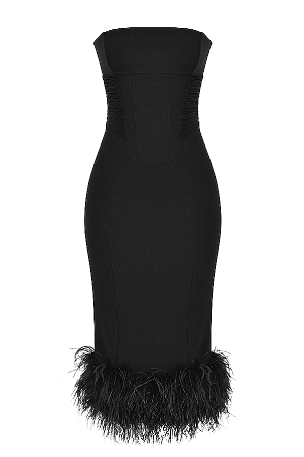 FIONULA BLACK STRAPLESS FEATHER CORSET  MAXI / MIDI DRESS - Black - MALVI PARIS