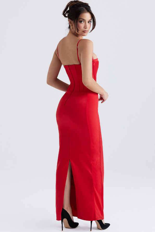 Shani Red Satin Corset Maxi Dress - Red Party Dress