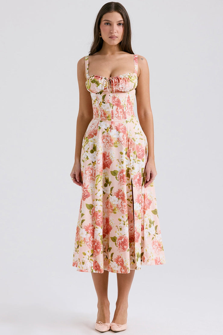 Carmen Pink Peony Print Cotton Bustier Sundress Midi Dress - Pink